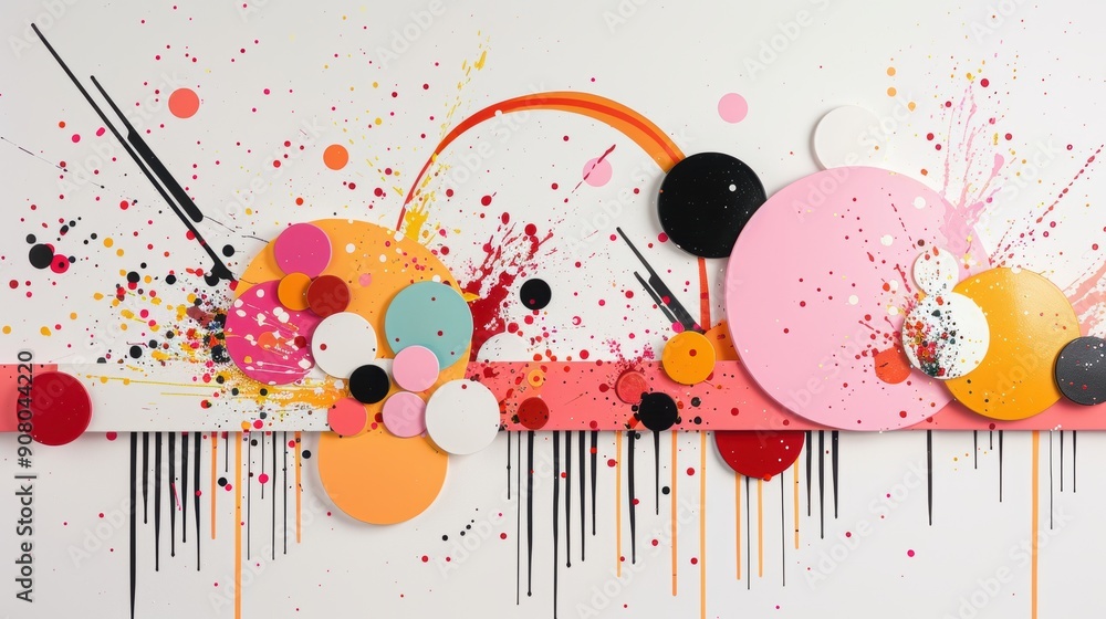 Poster a harmonious blend of abstract shapes and colorful paint splatters arranged in a golden ratio compos