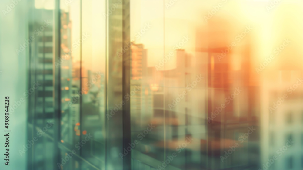 Poster cityscape reflection in window. an out-of-focus vista of an urban landscape with towering structures