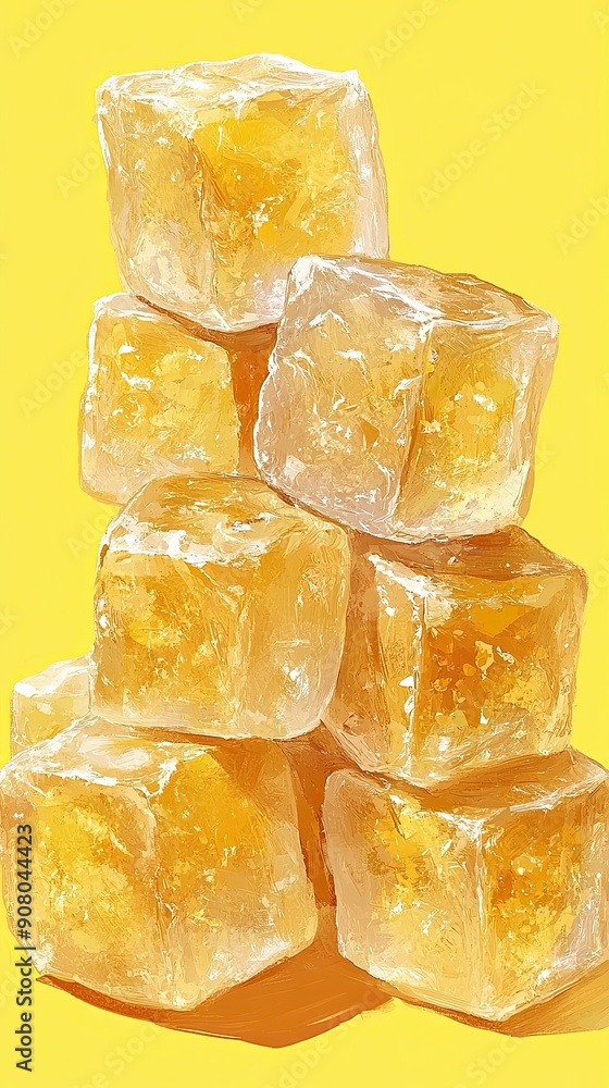 Sticker Refreshing Yellow Ice Cubes Stacked on Bright Background