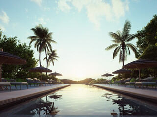 3D render Swimming pool with stair and wooden deck. Fantastic relax and peaceful vibes