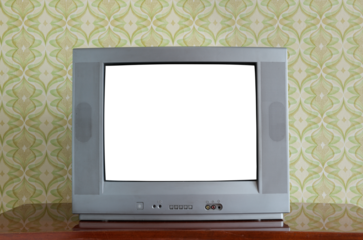 Antique TV with white screen on antique wooden cabinet, vintage design in 80s and 90s style house.