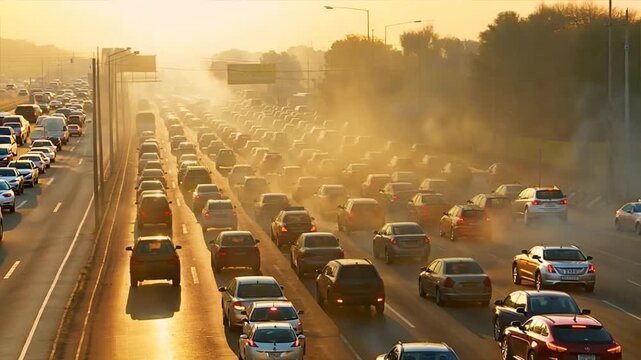 Commuters stuck in traffic jams amidst heavy smog, illustrating the health hazards of air pollution in urban settings.