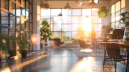 Blurred modern office sunlight through windows. A contemporary workspace with sunlight streaming through large windows, creating a bright and airy atmosphere.