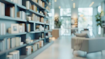 Blurred bookshelf interior design. Abstract view of a modern, minimalist living room with a bookshelf and blurred natural light.