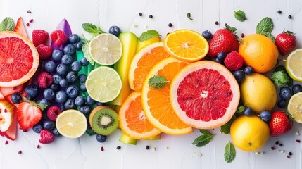 Explore the artistic presentation of colorful fruits arranged in a rainbow spectrum.