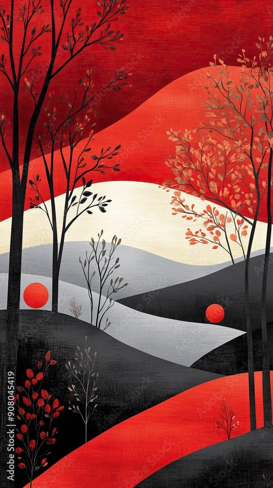 Sticker Abstract Landscape with Red and Black Elements