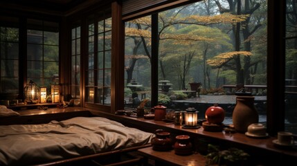 Cozy bedroom with a view of a misty forest in autumn.