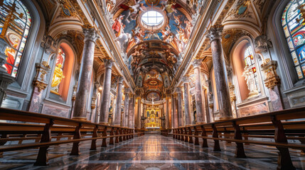 Obraz premium Ornate Baroque Church Interior with Elaborate Ceiling Frescoes and Stained Glass Windows