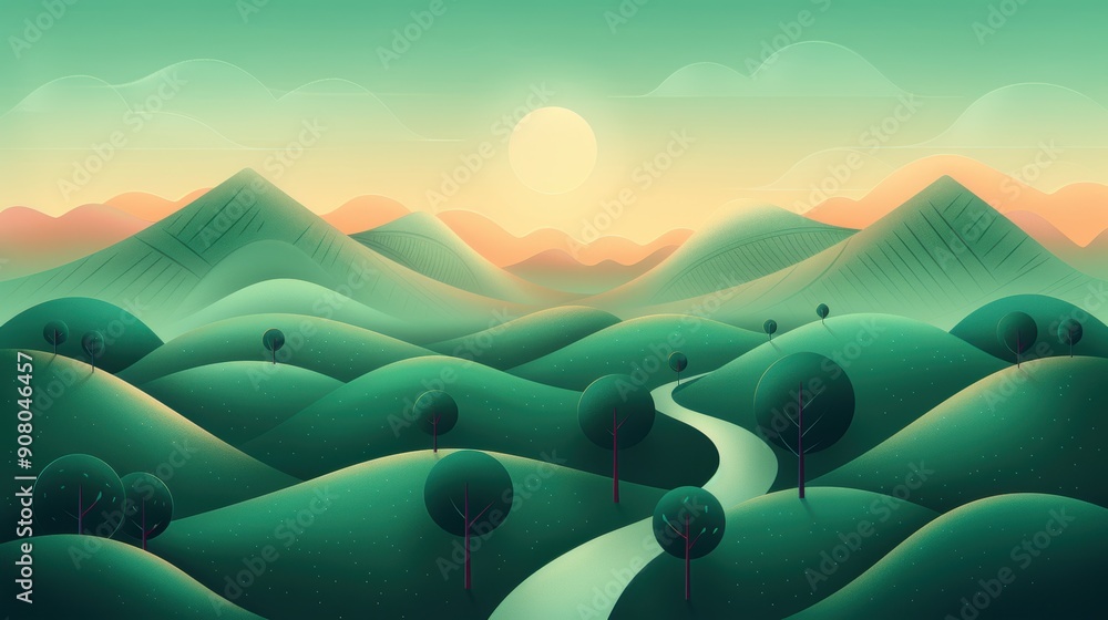Poster digital illustration of a surreal landscape, incorporating the principles of the golden ratio to cre