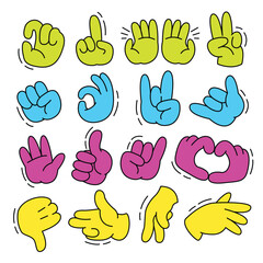 Fototapeta premium Hand gestures line icon set. Included icons as fingers interaction, pinky swear, forefinger point, greeting, pinch, hand washing and more.