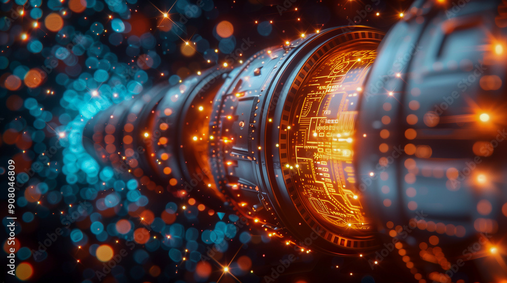 Poster futuristic circuit tunnel with glowing lights..