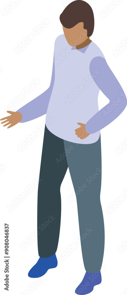 Poster young man is standing and gesturing with hands isometric icon for web design isolated on white backg