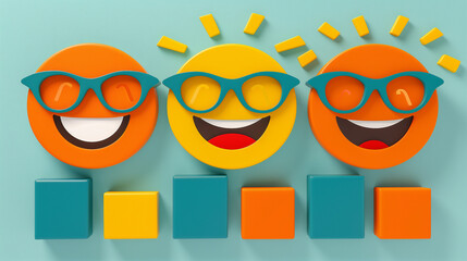 Cheerful Emoticons with Sunglasses on Colorful Background..