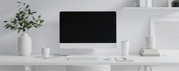 Modern desktop computer, white background, office technology
