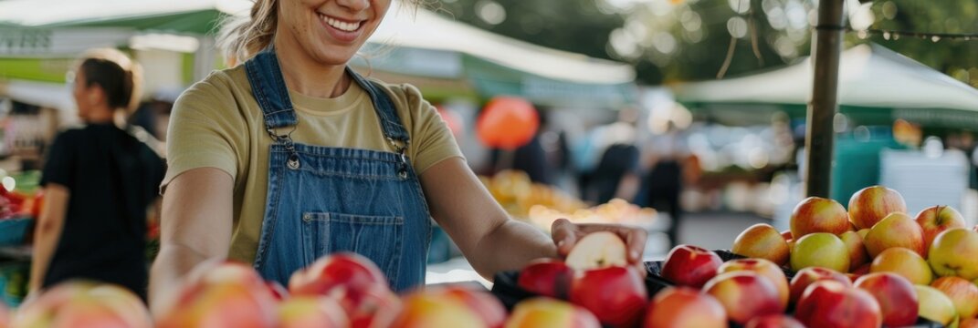 Young vendor distributing complimentary apple samples to customers enjoying interactive product testing at nearby farmers market Woman slicing fruits to offer to patrons entrepreneur of a sm