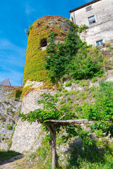 Fototapeta premium Ivy covered tower of the medieval castle of Fosdinovo in northern Tuscany, Italy