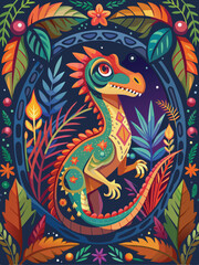 A Colorful Dinosaur in a Lush Tropical Setting
