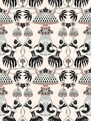  Discover a seamless Gothic pattern featuring graphic mushrooms and black cats, perfect for adding a mystical touch to your designs and projects.
