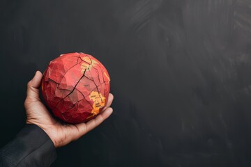 gloomy hand holding cracked globe, dark background, world poverty statistics overlay, copy space for text