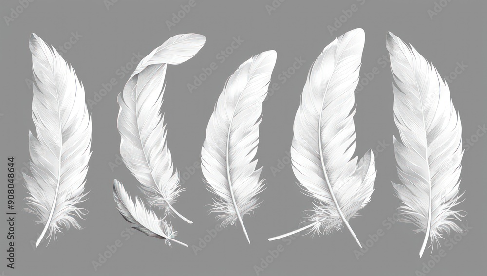 Poster white feathers set isolated on a grey background. generate ai image