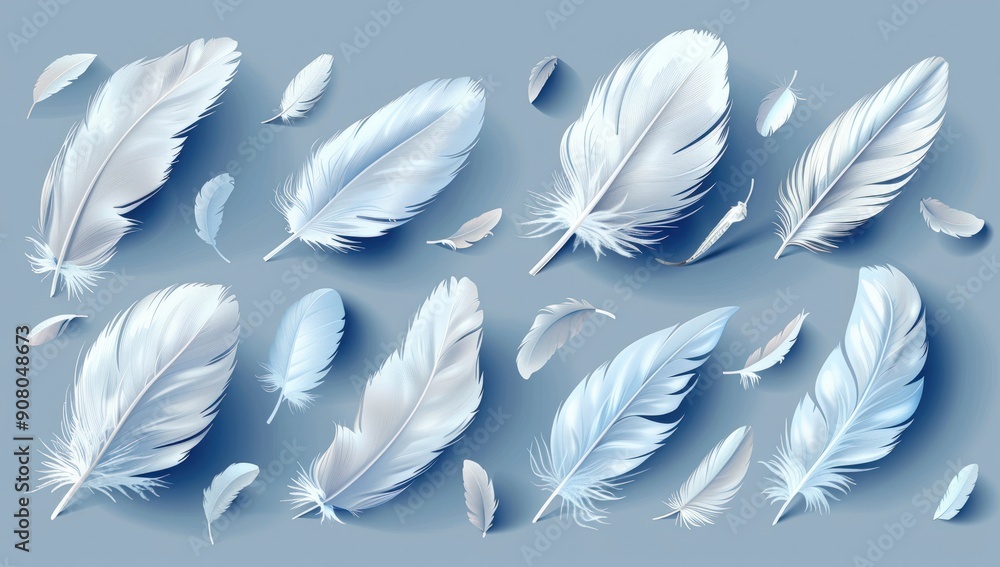 Poster white feathers set isolated on a grey background. generate ai image
