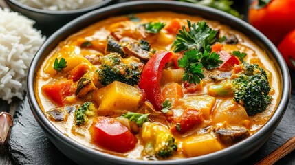 Delicious vegetarian curry with vegetables and rice. A flavorful vegetarian curry made with fresh vegetables, coconut milk, and spices. Served with a side of steamed rice.
