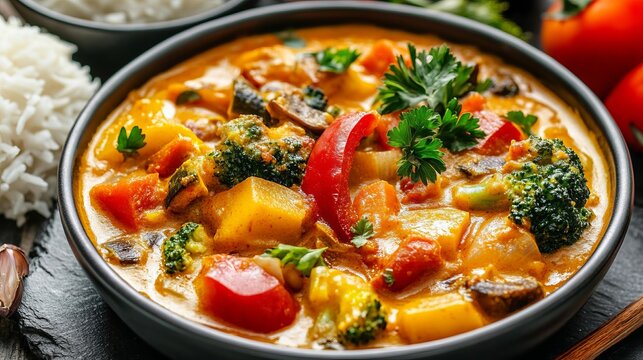 Delicious vegetarian curry with vegetables and rice. A flavorful vegetarian curry made with fresh vegetables, coconut milk, and spices. Served with a side of steamed rice.