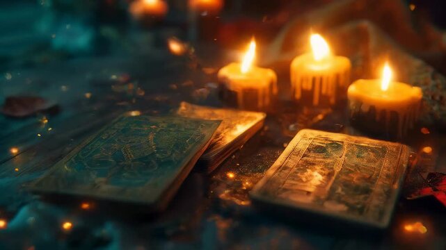 Tarot cards on the table next to burning candles, fortune telling, future