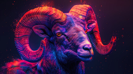Vibrant Neon Aries Ram Portrait
