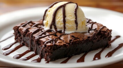 Chocolate brownie with vanilla ice cream and chocolate sauce. Decadent chocolate brownie with a scoop of vanilla ice cream and rich chocolate sauce. Perfect for a sweet treat or dessert.