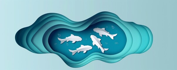 Abstract paper cut art with three white koi fish pond in blue water