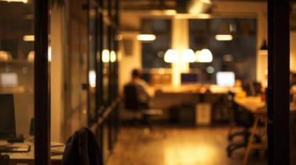 Blurred modern office interior design with warm lighting. A cozy and inviting office space with warm lighting, creating a comfortable and productive work environment.