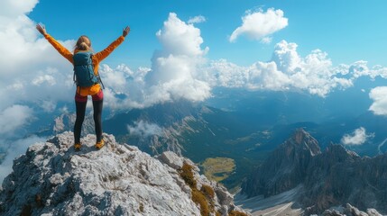 Obraz premium A woman standing on a mountain peak, arms raised in triumph