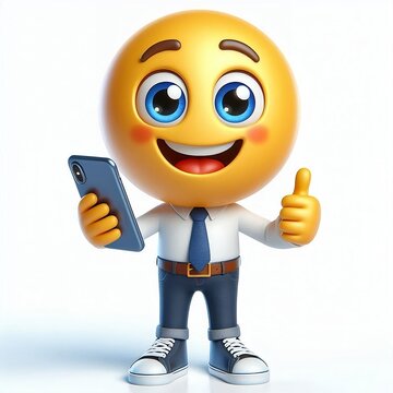 3D Emoji giving Thums up, A Cute 3D happy emoticon professional showing thumbs up while holding the phone in cartoon style, 3D Render, Full body, 3D Emoji using phone, white Background.