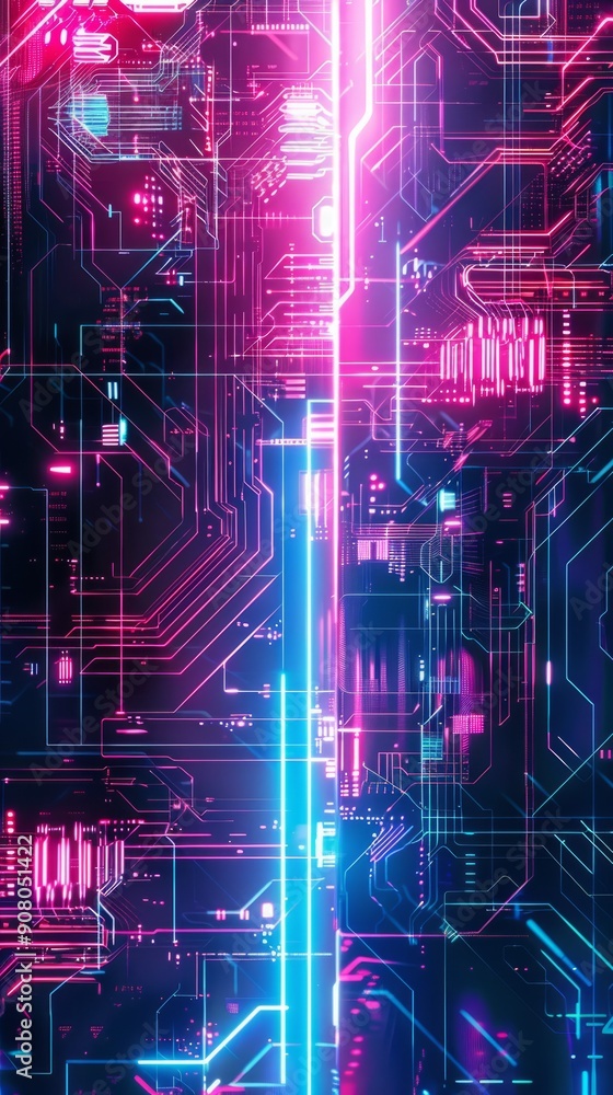 Poster abstract neon circuit board background. futuristic digital background with glowing neon lines on a c