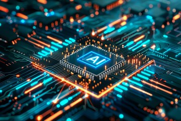 Fototapeta premium Artificial Intelligence Chip with Glowing Circuitry