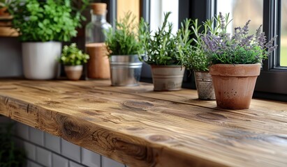 Wooden kitchen countertop with white tiles and potted plants in a blurred background.