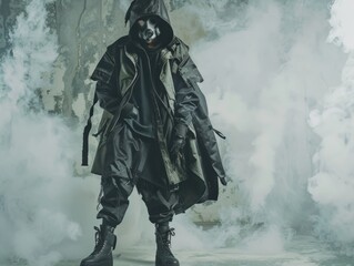 Fototapeta premium Medium shot of The man put on a black hood and an old, disheveled, torn cloak, black boots, and a black respirator mask, themed background, bright tonality, in the style of fashion photography.