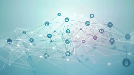 A graphical representation of a centralized data exchange hub with lines connecting to various data sources and services icons, symbolizing integration and communication in a digital network. 