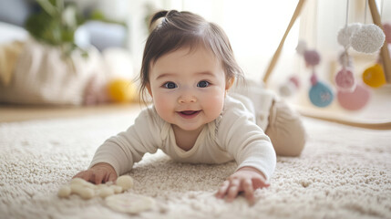 Depict baby girls exploring their surroundings with curiosity, such as crawling on a soft rug, reaching for a mobile, or discovering new textures and sounds, showcasing their sense of wonder.