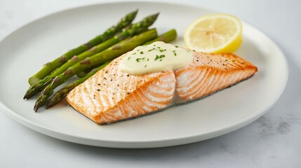 Grilled salmon with lemon butter sauce and asparagus. A close-up of a delicious grilled salmon fillet topped with lemon butter sauce and served with sauteed asparagus.