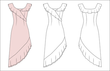 womens girls flared neck dress sketch, ladies maxi lenght summer  dress mock up, womens dress vector front and back editable technical drawings