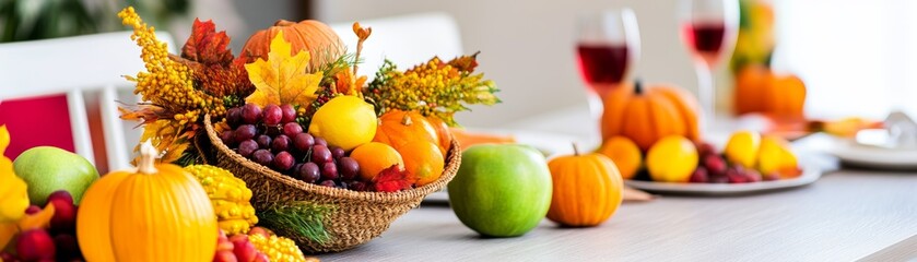 Autumn Harvest Table Setting with Fruits and Wine Glasses