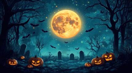 Fototapeta premium Haunted background with illustrations of pumpkins, a cemetery and bats, greetings and Halloween celebrations