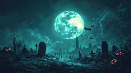 Obraz premium Haunted background with illustrations of pumpkins, a cemetery and bats, greetings and Halloween celebrations