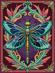 Ornate Dragonfly Framed in Floral Art Deco Design