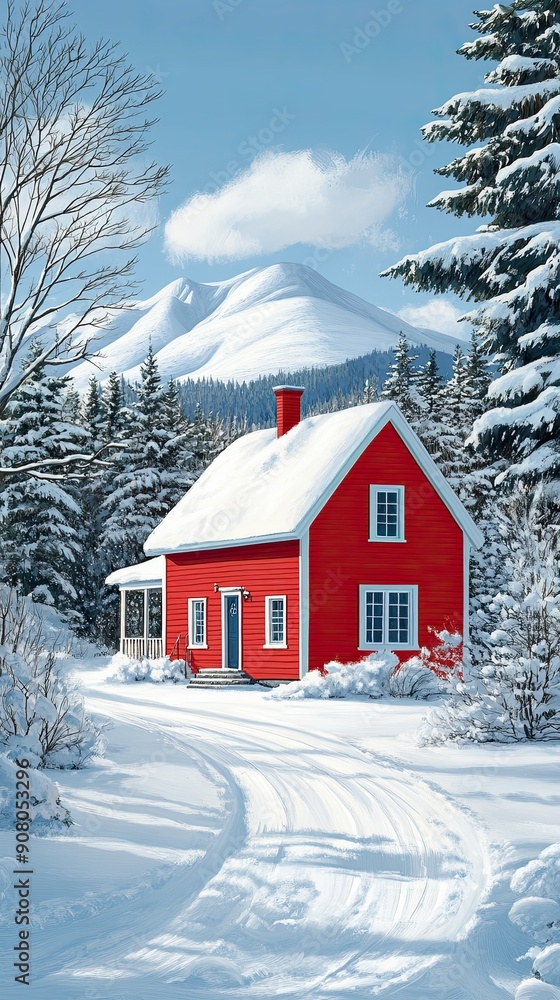 Canvas Prints Charming Red House in Winter Wonderland Landscape