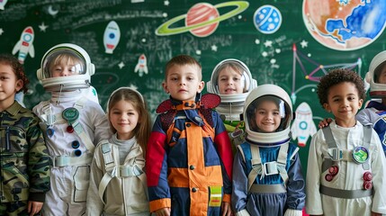 A group of kids dressed as astronauts, wearing space suits and helmets, posing in front of a green chalkboard filled with space-themed illustrations