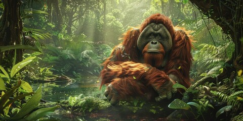 Obraz premium Orangutan Sitting in Lush Jungle