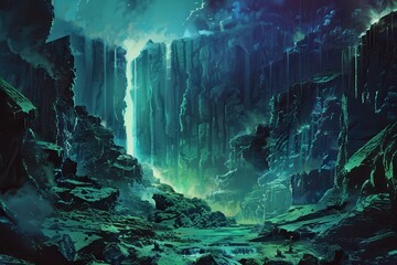 A digital illustration of a mystical canyon with a waterfall showcasing a vibrant surreal landscape
